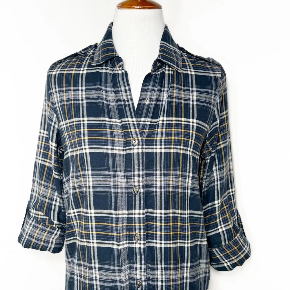 Sam Edelman Navy Blue Plaid Shirtdress, Maxi Shirt, Maxi Top, Cardi, Duster - Picture 9 of 14